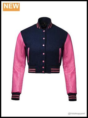 Cropped Varsity Jacket Women - Wool & Leather Baseball Letterman Jacket